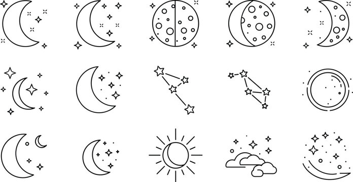 Moon phases and night sky line icon set with crescent moon stars constellation sun celestial illustration