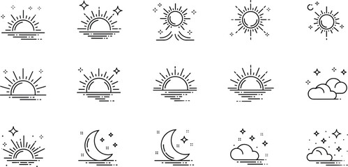 Sunrise sunset and sky weather line icon set with sun moon cloud day night nature illustration © MstKhyrun