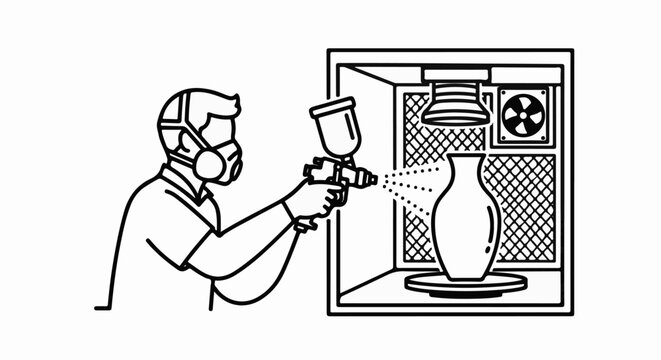Person in mask spray painting a vase inside a ventilated booth