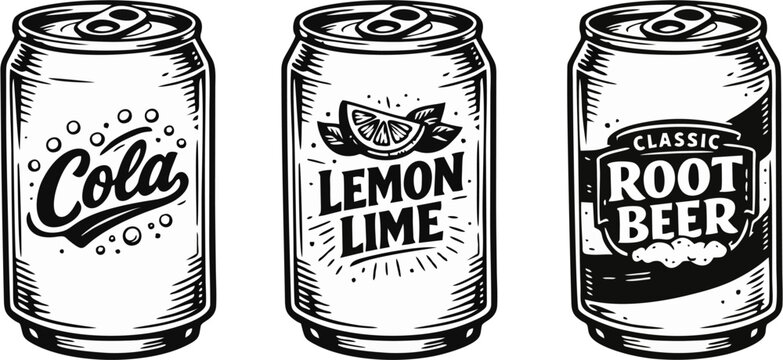 Vintage Hand Drawn Soda Can Set - Cola, Lemon Lime and Root Beer Black and White Sketch Illustration