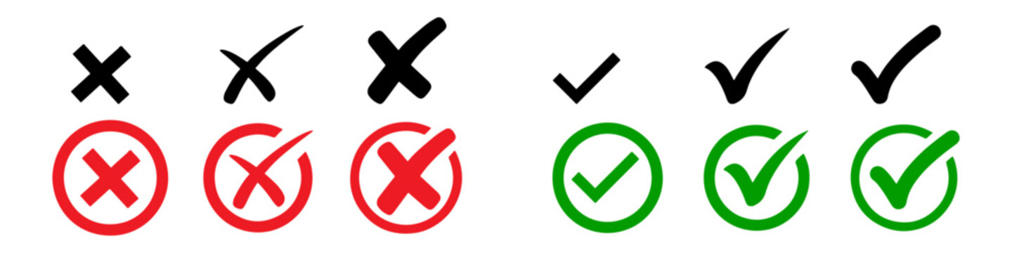 Check box icon with right and wrong button icon vector illustration. Hand drawn checkmark illustration. green tick box and red cross. Editable stroke.