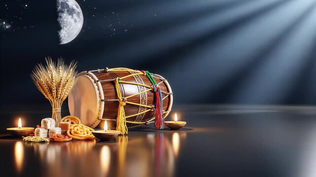 Traditional dhol drum, wheat, and lit diyas symbolize the vibrant vaisakhi sikh festival under a moonlit sky.
