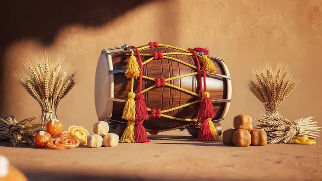 A vibrantly decorated dhol drum surrounded by wheat and sweets celebrates the sikh festival of vaisakhi on a warm, earthy background.