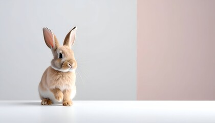 Obraz premium A fluffy bunny with upright ears and a raised paw against a two-tone backdrop