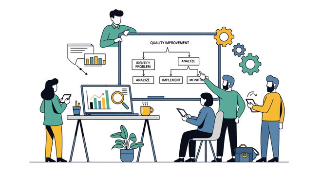Team collaborating on business strategy presentation.