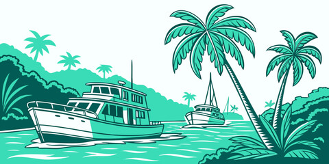 A boat is sailing near a tropical island with palm trees Vector © MST RABEYA BEGUM