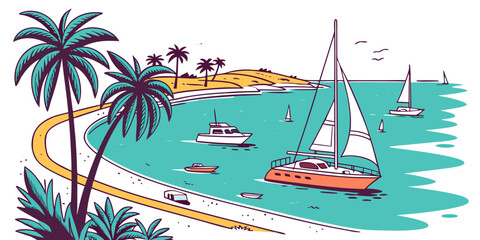 A serene tropical bay with sailboats and palm trees Vector © MST RABEYA BEGUM