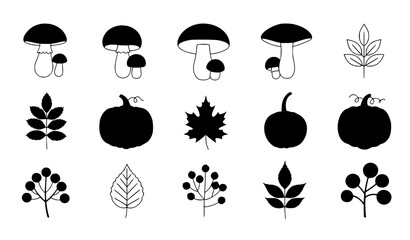 Autumn plants flat vector collection with mushrooms pumpkins leaves and berries isolated on white background © MstMonisha