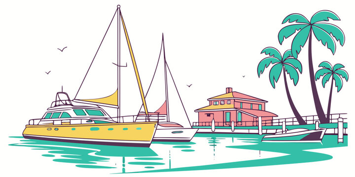 A yellow catamaran sailboat near a tropical island Vector