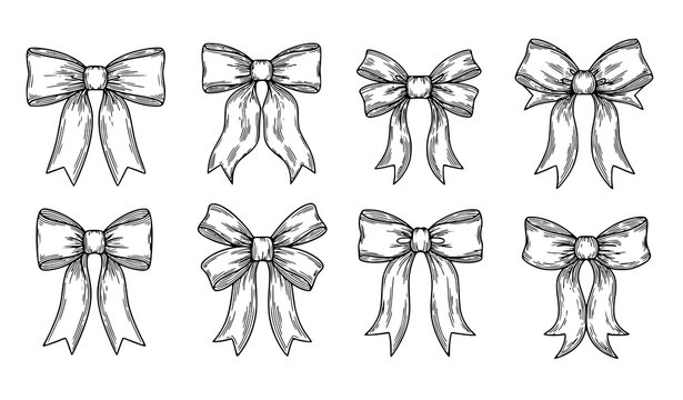 Set of Christmas ribbon bows hand drawn outline elements isolated on white background