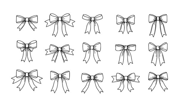 Hand drawn outline ribbon bows Christmas vector set isolated on white background