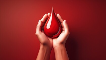 hands holding red blood drop on red background blood donation