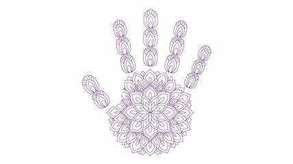 Fototapeta premium A delicate purple line drawing of a hand with a flower mandala on the palm and fingers on a white background