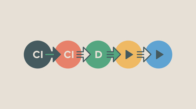 A colorful infographic illustrating a continuous integration and deployment process with five distinct stages.