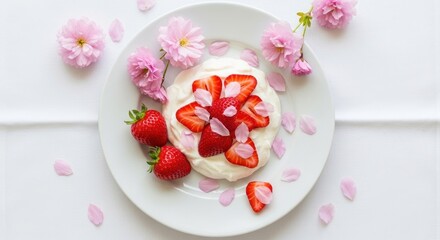 Naklejka premium Strawberry Pavlova Dessert with Pink Flowers on White Plate.