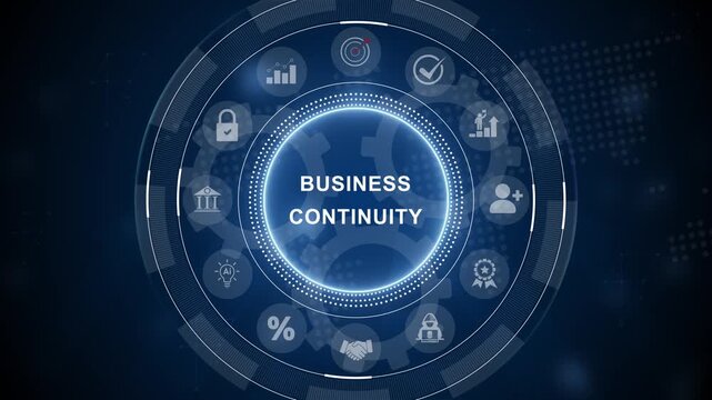 Animated global business continuity concept displaying data and relevant icons. business technology . 3d Motion graphics of technology icon interface background