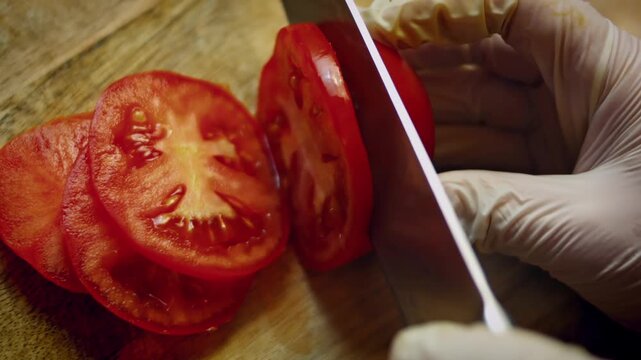 Close up of someone slicing a fresh tomato into thin rounds