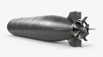 A detailed studio shot of a modern torpedo, featuring its cylindrical body, fins, and propeller, against a clean white background.