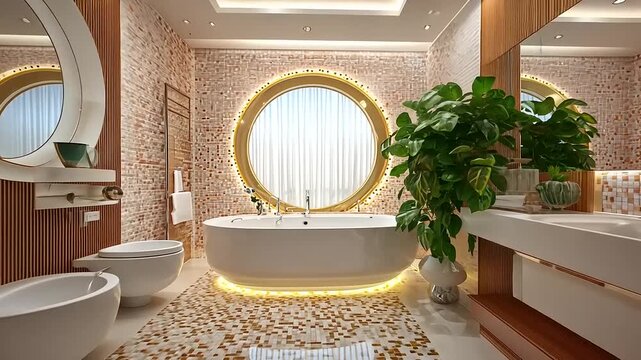 Luxurious modern bathroom interior with gold accents and plants