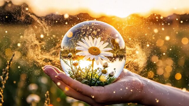 Hand Holding a Magical Crystal Ball with a Daisy Flower at Sunset.