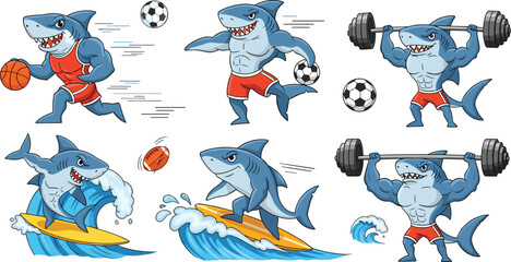 Obraz premium Sporty Shark Mascot Set Playing Basketball, Soccer, Surfing, and Weightlifting Cartoon Illustration