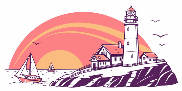 A lighthouse on a rocky cliff by the sea at sunset Vector