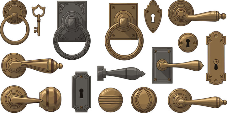 Vintage Door Handles and Keyholes Set with Antique Brass Knobs, Ring Knockers and Classic Lock Hardware Vector Illustration Collection