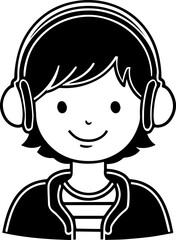 Obraz premium Hand Drawn Boy Wearing Headphones Black and White Avatar Illustration in Minimal Line Art Style Design