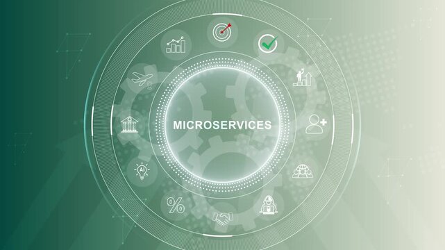 Microservices Architecture HUD Interface with System Icons, Global Technology Map. 3d Motion graphics of technology icon interface background
