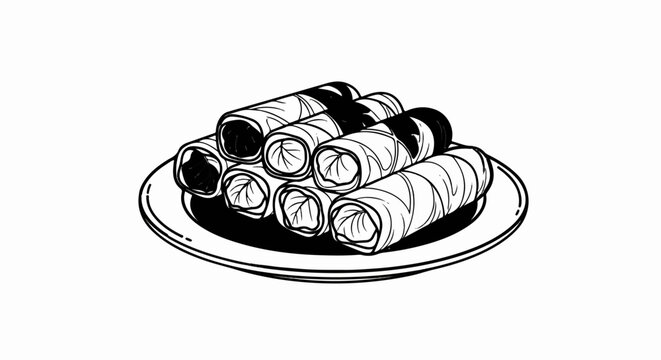 Pile of rolled spring rolls on a plate in a line art style