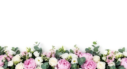 A beautiful arrangement of pink and white peonies and eucalyptus leaves creating a floral border against a white background.