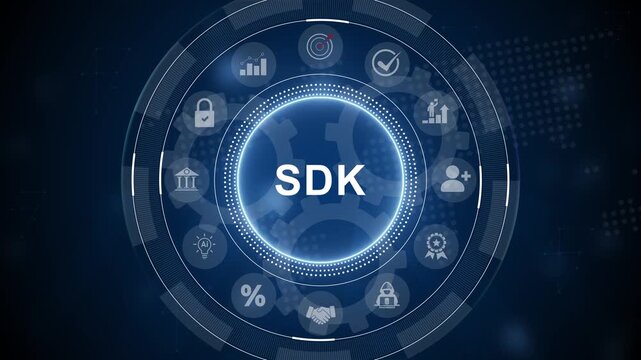 Software Development Kit SDK Concept with Futuristic Digital Interface and Developer Tool Icons. 3d Motion graphics of technology icon interface background