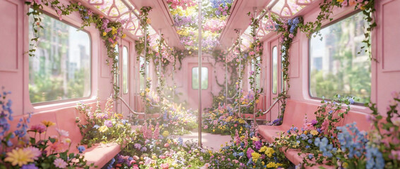 Naklejka premium Pink train carriage filled with abundant flowers creating a dreamy and magical scene