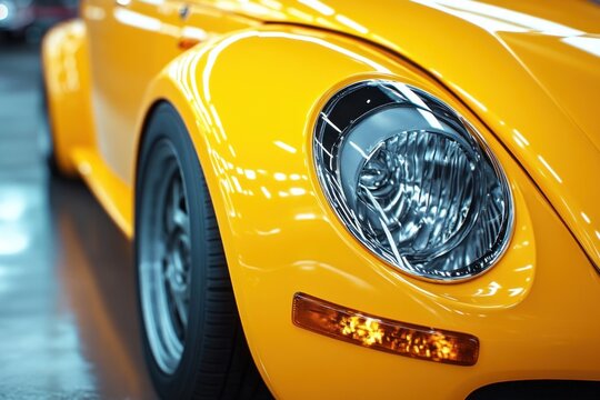 gleaming yellow vintage car front fender with round chrome headlight, amber indicator and polished wheel evoking nostalgic, cheerful shine
