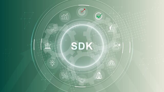 Software Development Kit SDK Concept with Futuristic Digital Interface and Developer Tool Icons. 3d Motion graphics of technology icon interface background