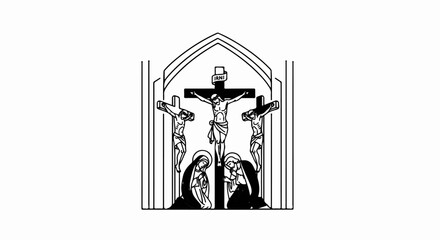Naklejka premium Religious scene of three crucifixions within an arched structure, mourning figures below
