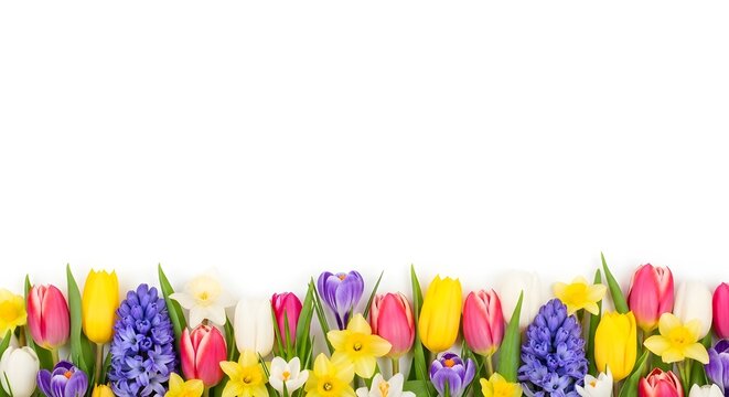 A vibrant and colorful border of spring flowers including tulips, daffodils, and hyacinths against a clean white background.