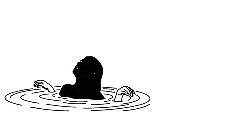 Silhouette of a person emerging from water, head tilted back
