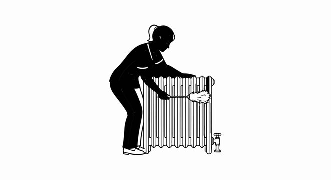 Silhouette of a person dusting a radiator with a feather duster