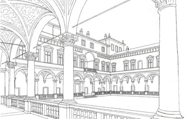 Fototapeta premium Renaissance courtyard with arched walkways, balconies, and ornate columns