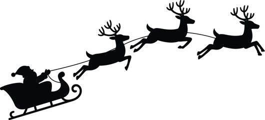 Silhouette of Santa Claus in sleigh with three reindeer flying, traditional Christmas holiday vector illustration for festive design projects © It's Sumi Here