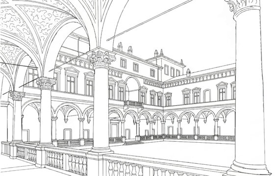 Renaissance courtyard with arched walkways, balconies, and ornate columns