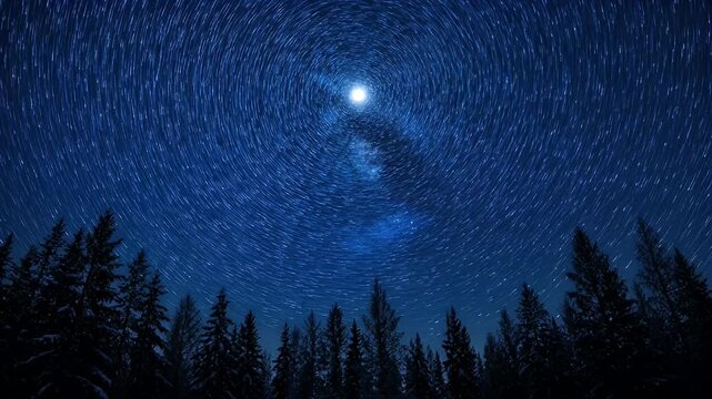 A mesmerizing star trail photograph over a forest at deep night