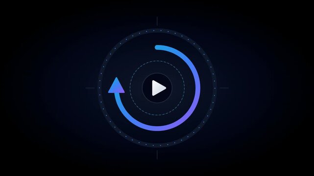 Futuristic circular loading animation loop showcasing data buffering with a vibrant blue-purple gradient arc and central play button ideal for