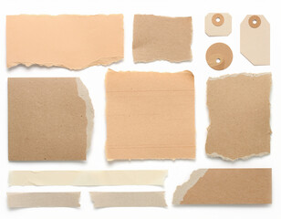 Fototapeta premium Set of scrapbook paper elements, torn paper pieces, beige neutral colors, realistic paper texture, isolated on white background