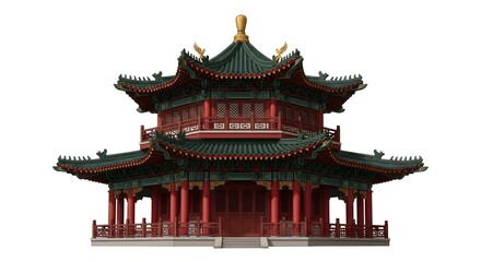 Obraz premium Traditional Chinese pagoda temple with red roof and golden ornament vector illustration flat design