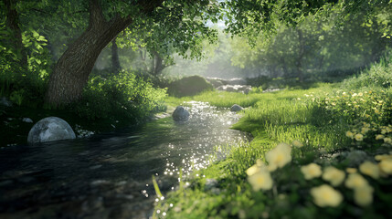 Fototapeta premium Serene forest river with sunlight rays reflecting on water and lush greenery in tranquil nature landscape