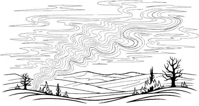 Smoke billows from a desolate, rolling landscape with bare trees