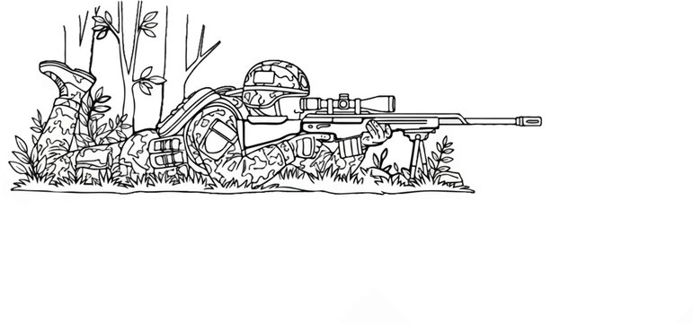 Soldier with sniper rifle camouflaged in grassy woodland