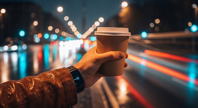 Hand holding coffee cup on rainy city street at night with blurred lights.